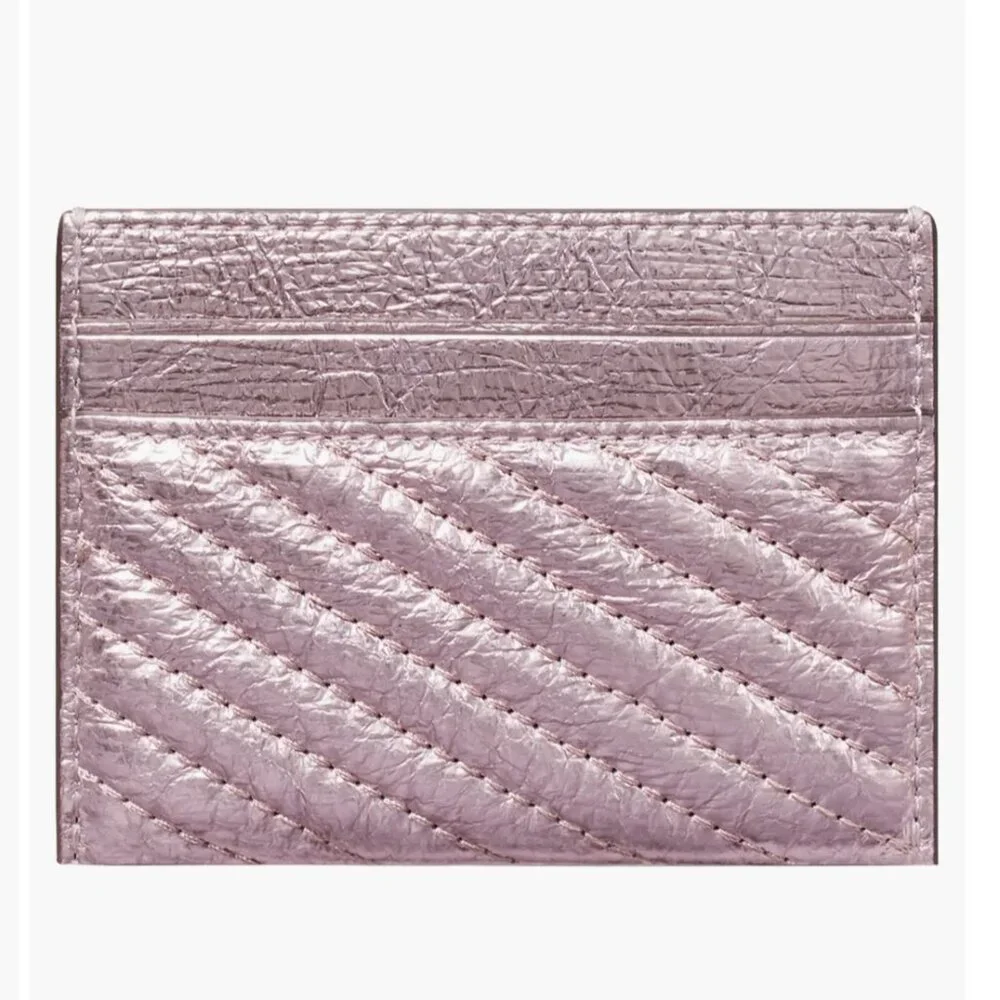 Tory Burch Leather Kira Moto Quilt Metallic Pave Logo Card Case Sparkle Pink